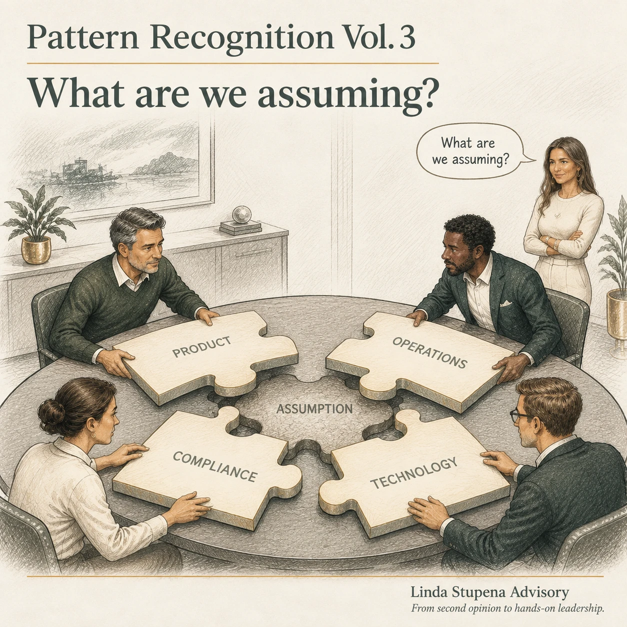 Pattern Recognition Vol. 3 illustration: Product, Compliance, Technology and Operations each hold a puzzle piece at a table, the pieces not quite meeting, with the word Assumption sitting unaddressed in the gap between them